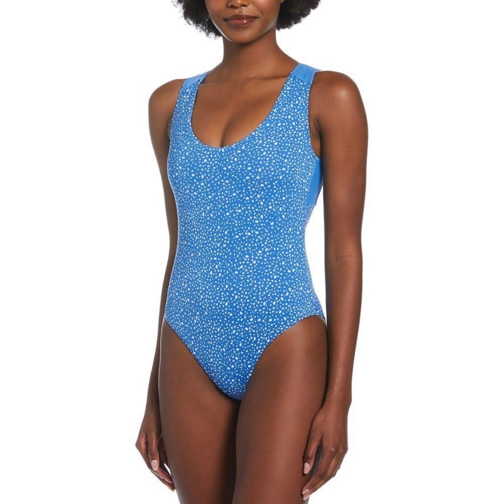 Nike Blue White Polka Dot Open Back 1-Piece Swimsuit Sz XXL NWT Sporty Vacation